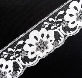 Krajka lem květinový vzor stříbrná/bílá