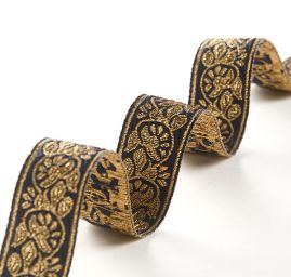 Stuha žakárová jemná květinový vzor modročerná