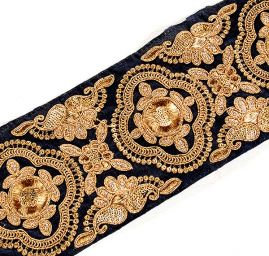 Šantungová stuha vyšívaná květinový ornament zlatá