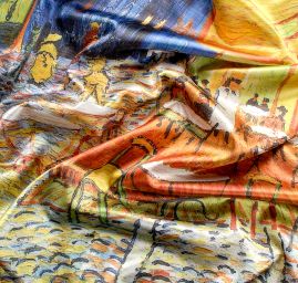 Šála satén malba Terasa kavárny v noci/květy