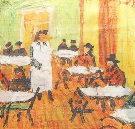 Šála satén malba Terasa kavárny v noci/květy