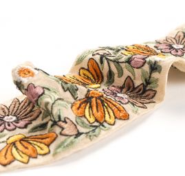 Vyšívaná stuha šantung květinový vzor oranžovo-zelená