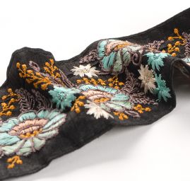 Vyšívaná stuha šantung květinový vzor tyrkysovo-žlutá