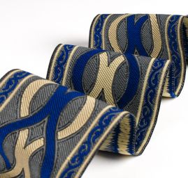 Vyšívaná stuha geometrický vzor artdeco modrobéžová