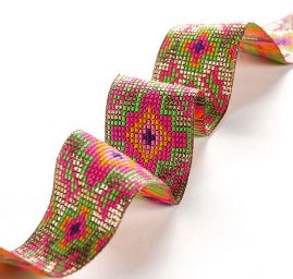 Stuha žakárová etno motiv růžovozelený