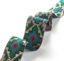 Stuha žakárová etno motiv modrozelená