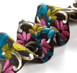 Stuha vyšívaná šantung květy zelenorůžové 