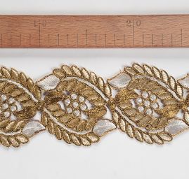 Krajková kovová stuha zlatobéžová listy/květy