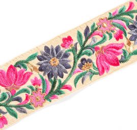 Vyšívaná stuha šantung květy široká fuchsiová