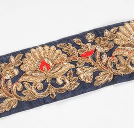 Stuha vyšívaná kovová ornament zlatá/tm.modrá