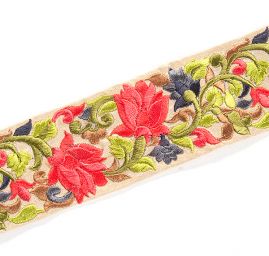 Vyšívaná stuha šantung užší květy červené/modré