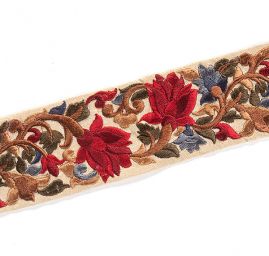 Vyšívaná stuha šantung užší květy modré/červené