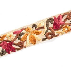 Vyšívaná stuha šantung užší květy červené/žluté