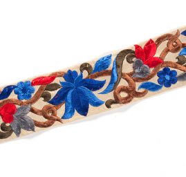 Vyšívaná stuha šantung úzká květy modré/červené