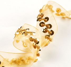 Organzová stuha s flitry a korálky zlatá