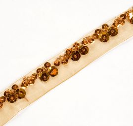 Organzová stuha s flitry a korálky starozlatá