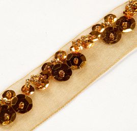 Organzová stuha s flitry a korálky starozlatá