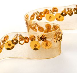 Organzová stuha s flitry a korálky starozlatá
