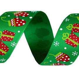 Stuha vánoční vzor rypsová balíčky/rukavičky zlená