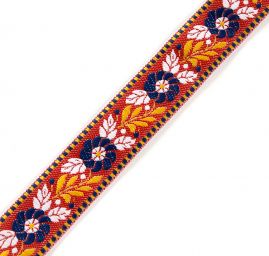 Stuha krojová vyšívaná červená 2,5cm modrý květ