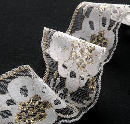 Krajka lem květinový vzor zlatá/bílá