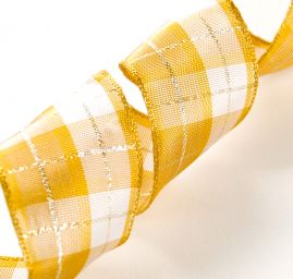 Stuha taft žlutostříbrná kostka s drátkem 4 cm