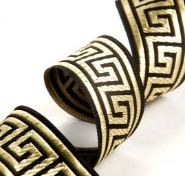 Stuha žakárová černozlatá 35 mm geometrický vzor
