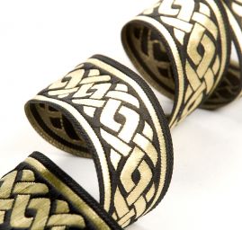 Stuha žakárová černozlatá 35 mm geometrický vzor propletený