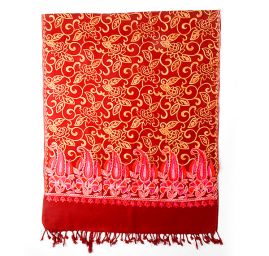 Šála pléd vínová s květinovou okrovou výšivkou 