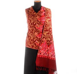 Šála pléd vínová s květinovou okrovou výšivkou 