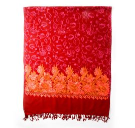 Šála pléd skořicová s květinovou růžovou výšivkou