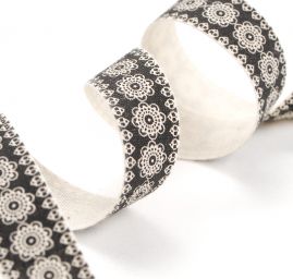 Stuha bavlněná vzor krajkové květy černá/režná