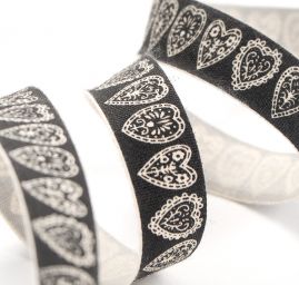 Stuha bavlněná vzor srdíčka černá/režná