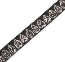 Stuha bavlněná vzor srdíčka černá/režná