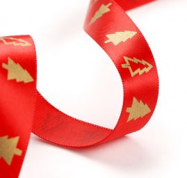 Stuha vánoční atlasová stromeček zlatá/červená
