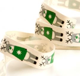 Stuha bavlněná vánoční vzor zelený sobík