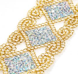 Krajka s výšivkou na tylu s flitry zlatostříbrná