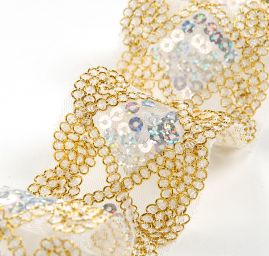 Krajka s výšivkou na tylu s flitry zlatostříbrná