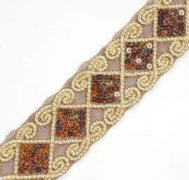 Krajka s výšivkou na tylu s flitry zlatohnědá