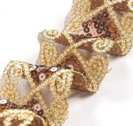 Krajka s výšivkou na tylu s flitry zlatohnědá