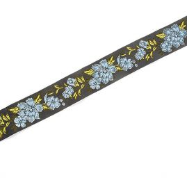 Stuha vyšívaná květy černá/sv. modrá široká