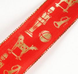 Stuha tisk vánoční motiv hraček červená/zlatá