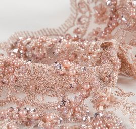 Krajka lem výšivka s korálky a flitry starorůžová