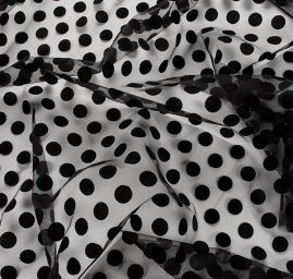 Tyl šatový sametový flock puntík velký černý