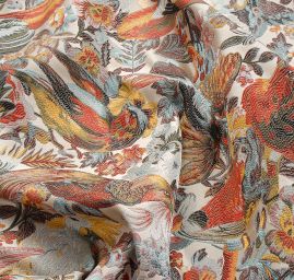 Žakárová dekorační látka Art deco Ptáčci lomená bílá