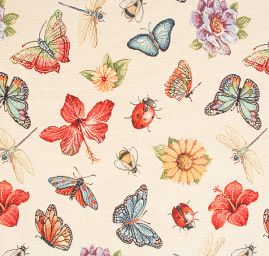 Dekorační látka se vzorem motýlů, berušek a květin