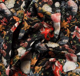 Dekorační látka květy menší na černém podkladě