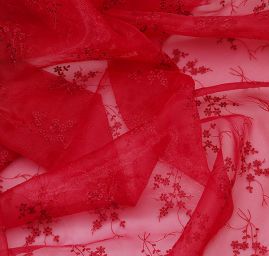 Vyšívaná organza vínová květy