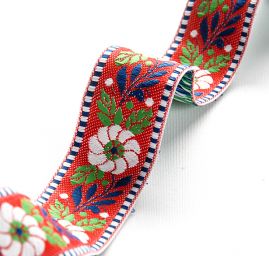 Folklórní stuha s květinovým vzorem červená 2cm