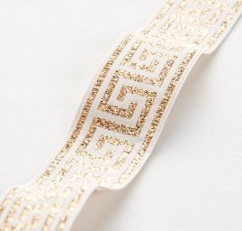 Stuha žakárová geometrický vzor biela / zlatá lurex
